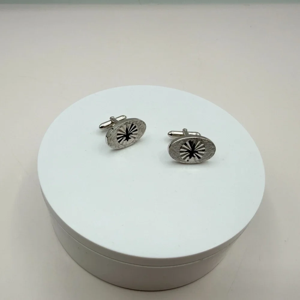 Vintage 70s Mid Century Fleur De Lis Cufflinks SilverTone Oval Sunburst Textured